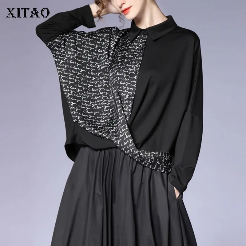 

XITAO New Letter Print Cross Splicing Shirt Women Casual Fashion Batwing Sleeve Top 2021 Autumn Simplicity All-match WMD3849