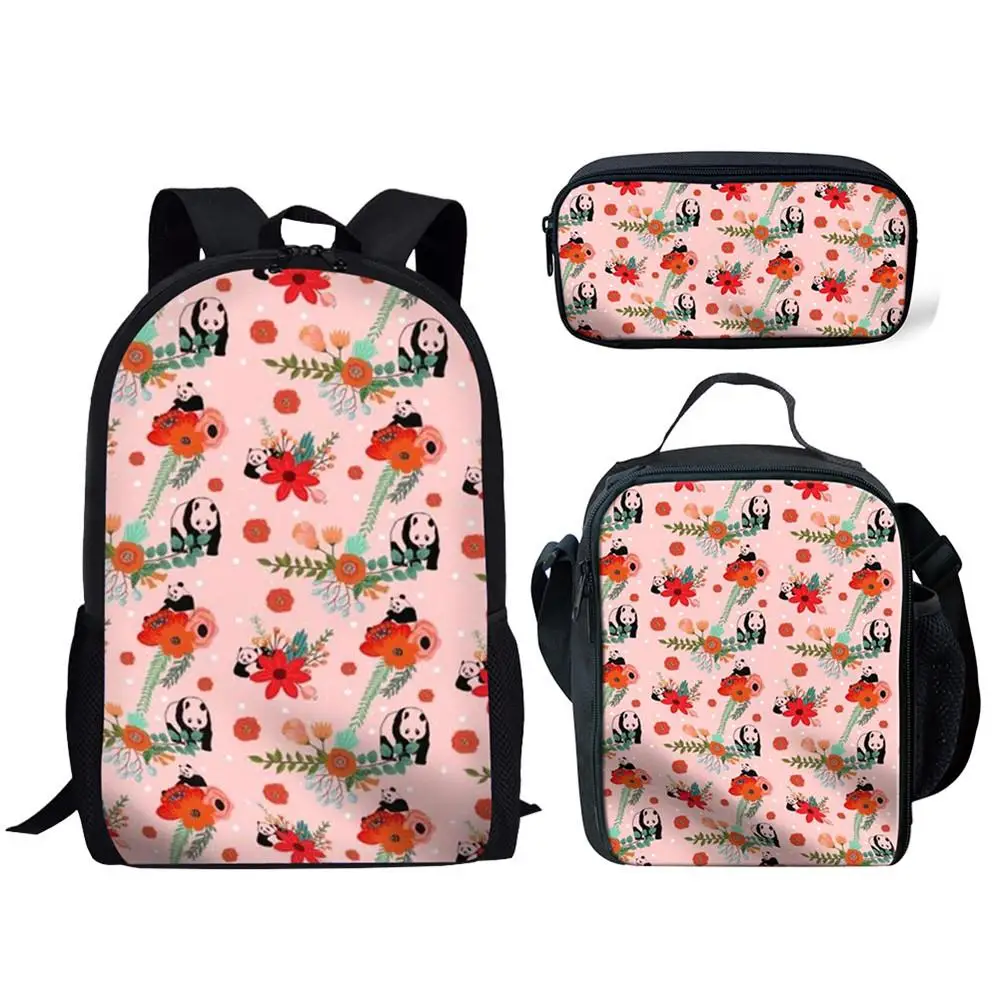 Детские школьные ранцы для девочек и мальчиков-подростков, школьный рюкзак с цветочным рисунком панды и сумкой для обеда, милые детские сум...
