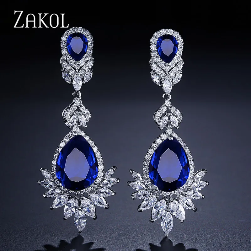 Blue Earrings ZAKOL высокое качество большая капля синий кубический цирконий лист серьги ожерелье набор украшений для женщин свадебное вечернее платье FSSP2014 - Окраска металла: Blue Earrings