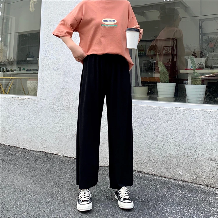 

BornSra 2020 Spring Ladies Pants Loose Casual Trousers Woman Elastic High Waist Wide Leg Pants Harajuku Ladies Straight Pants