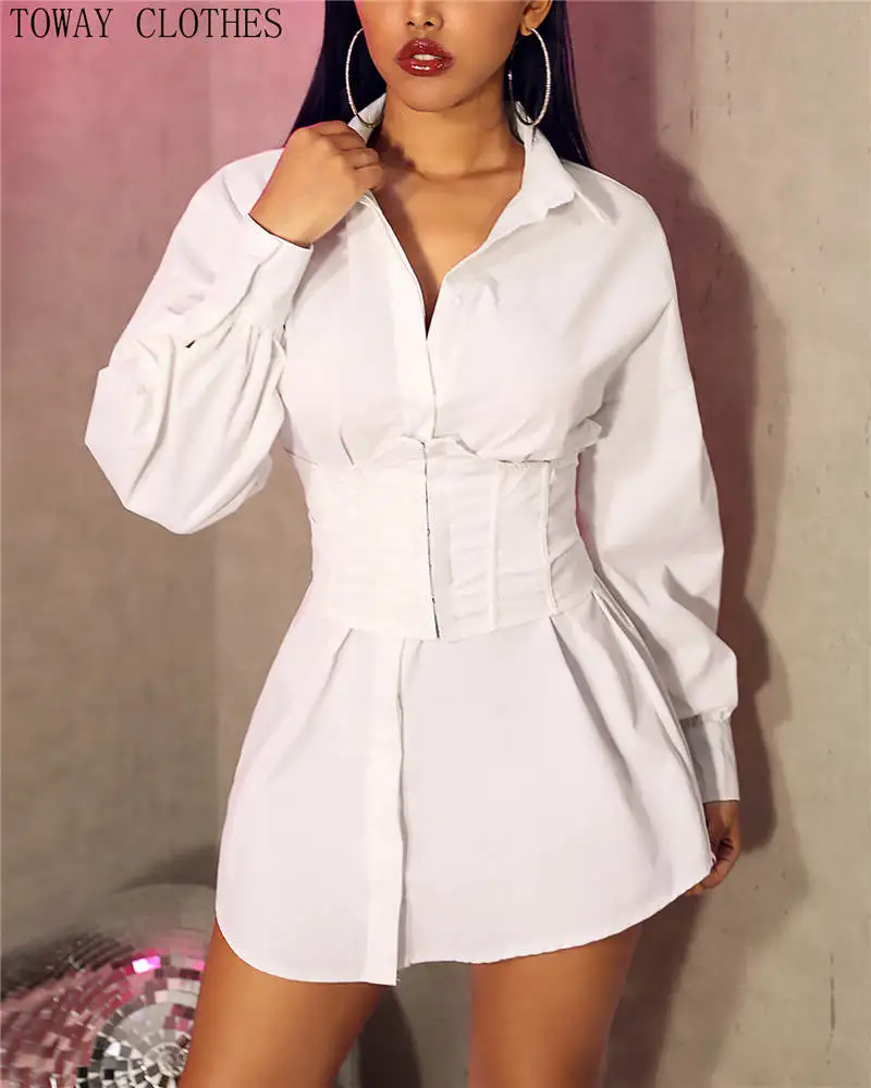 Однотонное Платье-рубашка на пуговицах с длинным рукавом и плотной талией