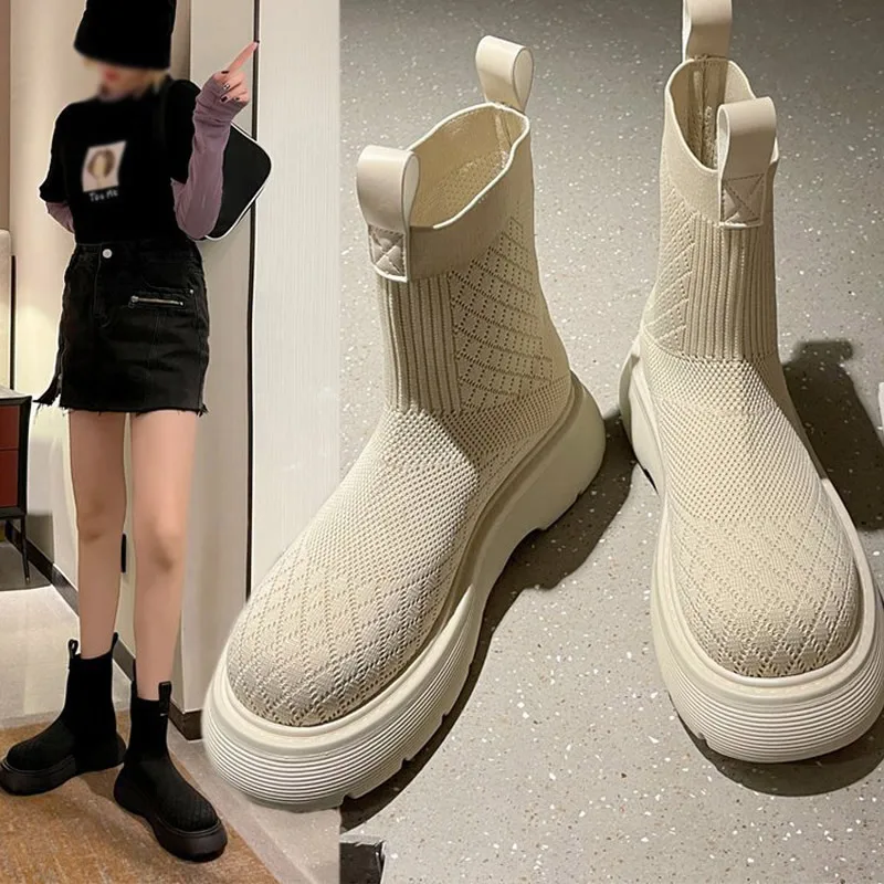 

Comfortable Knitted Boots Ladies Casual Footwear Women Sock Boots Mesh Solid Slip-On Platform Female Ankle Boots Thick Bottom