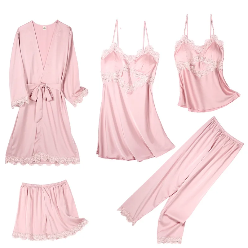 

Satin Sleepwear Female Lace Sleep Set 5PCS Pajamas Suit Spring Summer New Kimono Robe Set Sexy Lace Nightwear Home Clothing