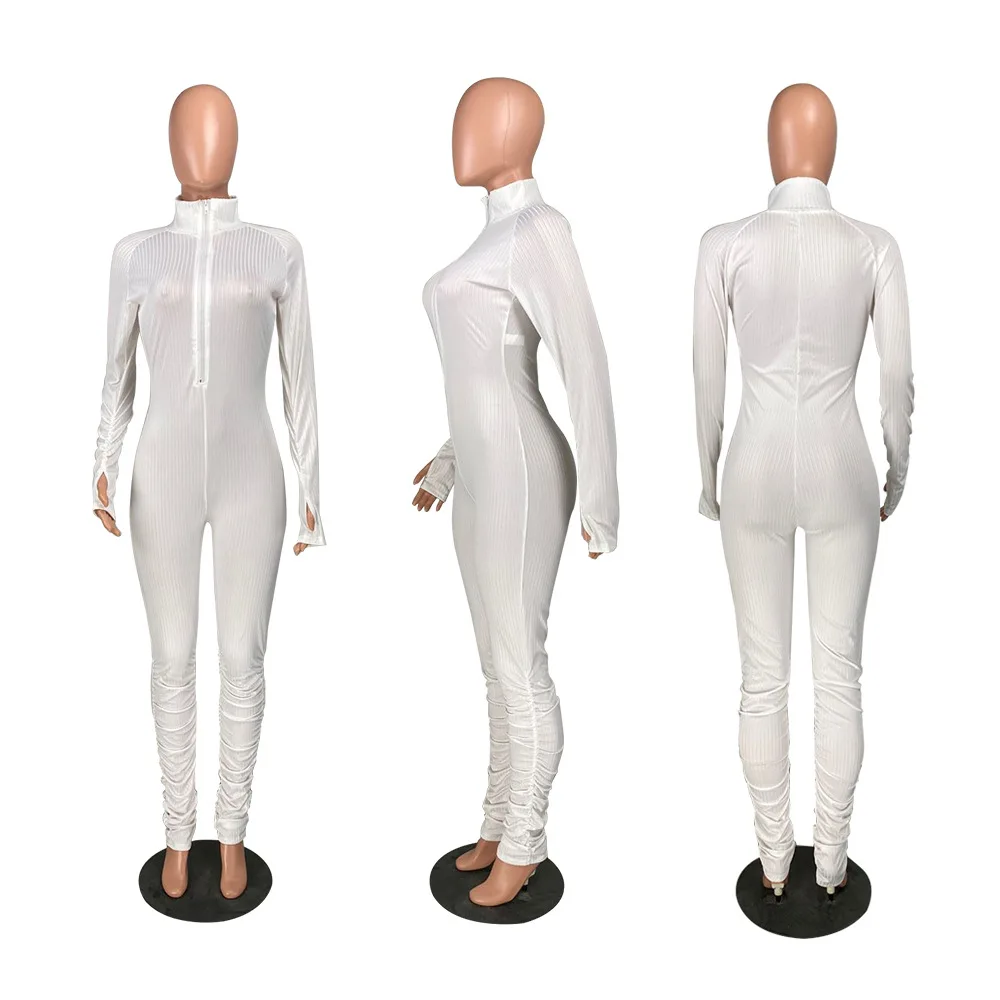 

European new fashion solid color sports Jumpsuit slim fit V-neck zipper long sleeve women's top and pants