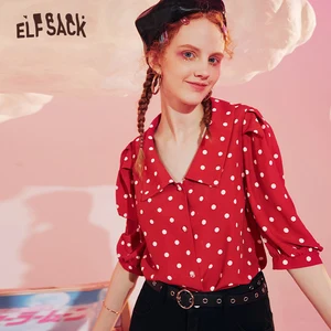 Женская шифоновая блузка ELFSACK, красная винтажная блузка в горошек с полупышными рукавами в Корейском стиле, топы на каждый день, лето 2020