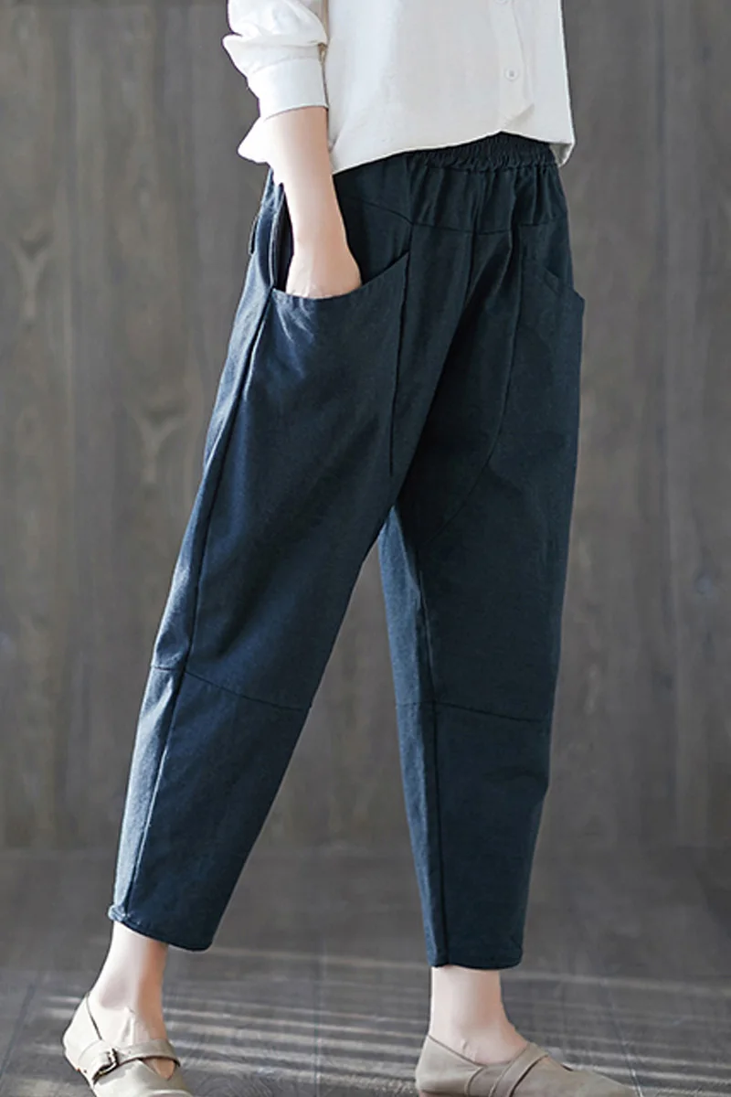 

Cotton Pants Front Pockets Loose Autumn Women Vintage Femme Spring Fashion Casual