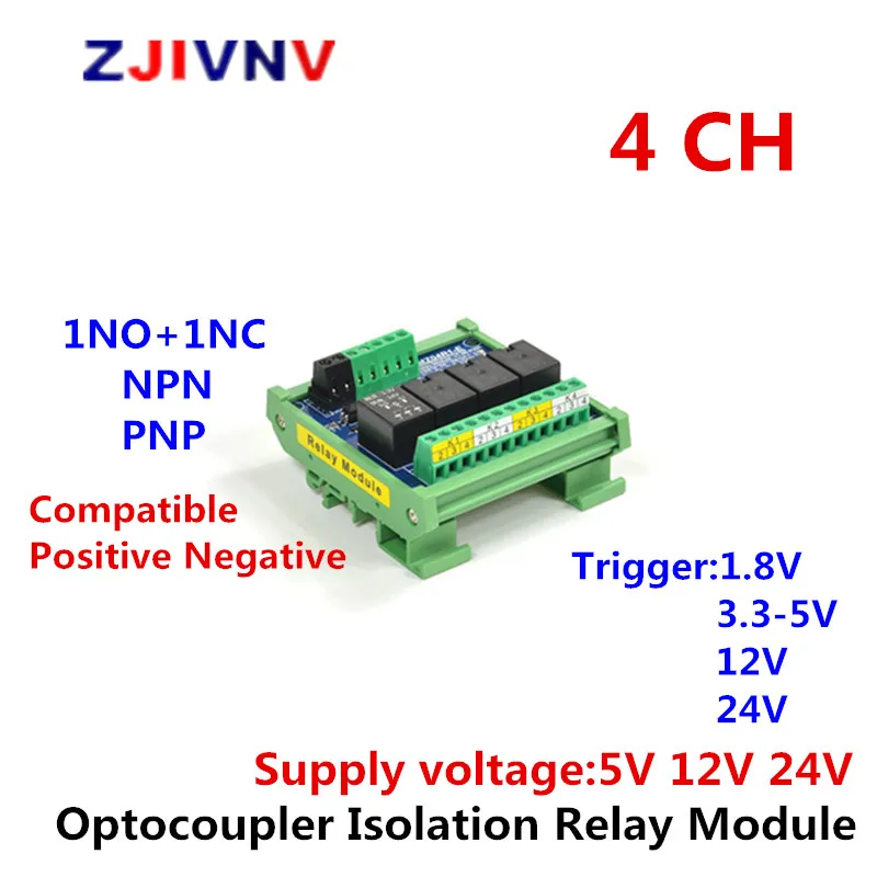 Canais Npn Pnp 1no Mais 1nc Montagem do Trilho Din Módulo de Relé de Isolamento Optoacoplador Gatilho 1.8v 3.35v 12v 24v dc 5v 12v 24v