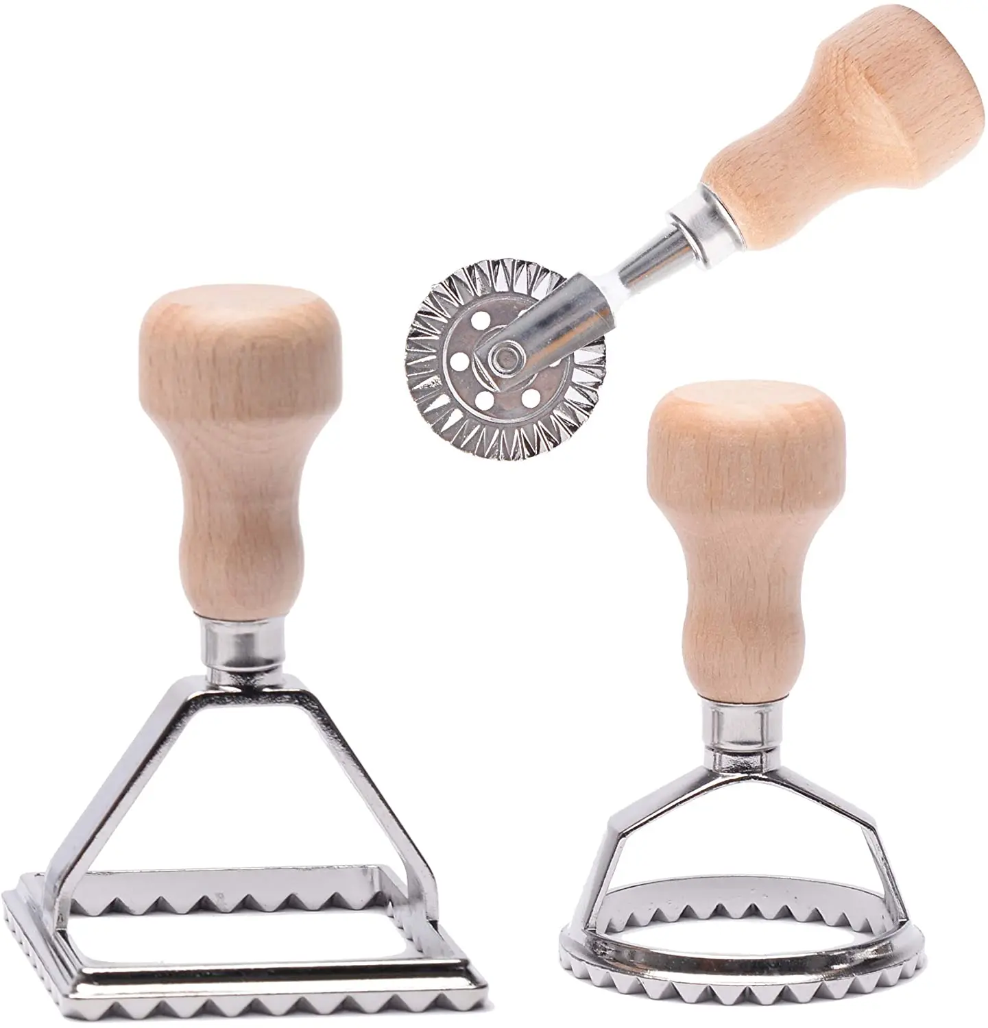 

Ravioli Stamp Maker Cutter with Roller Wheel Set, Mold with Wooden Handle and Fluted Edge, Pasta Press Kitchen Attachment
