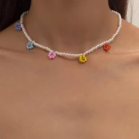 kpop fashion handmade plastic beaded short clavicle chain choker necklace for women girls children white flowers neck jewelry