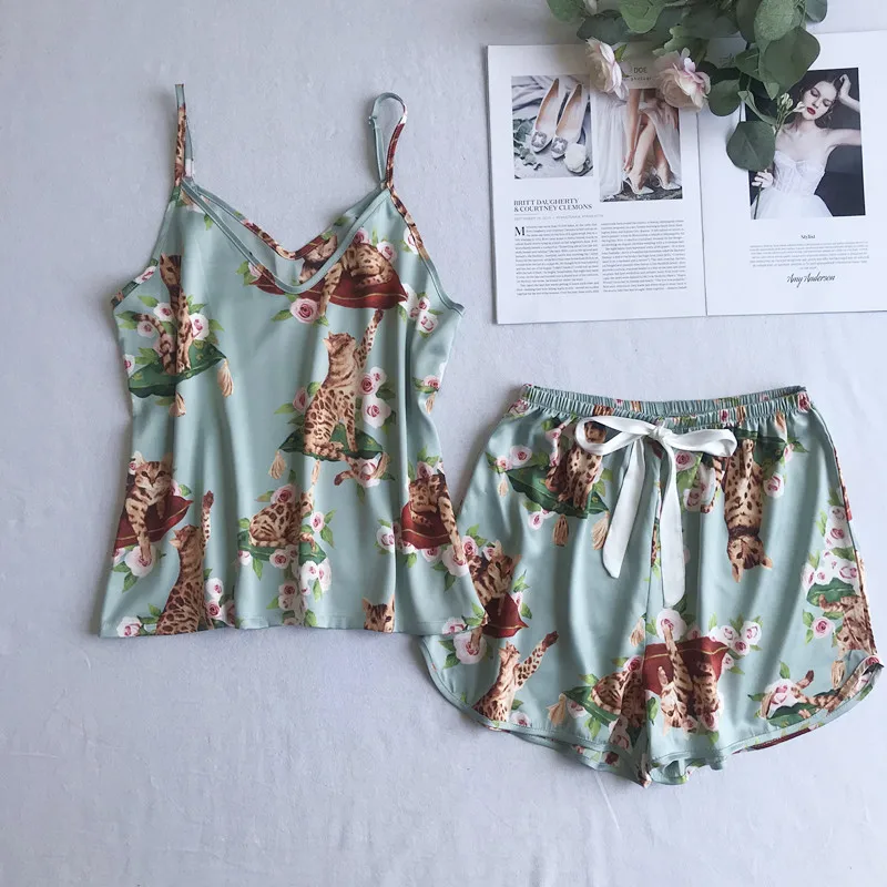 Flower Lady 2PCS Strap Top&ampShorts Sexy V-neck Pajamas Suit With Bow Soft Sleep Set Nightwear Casual Sleepwear Lougne Home Wear | Женская