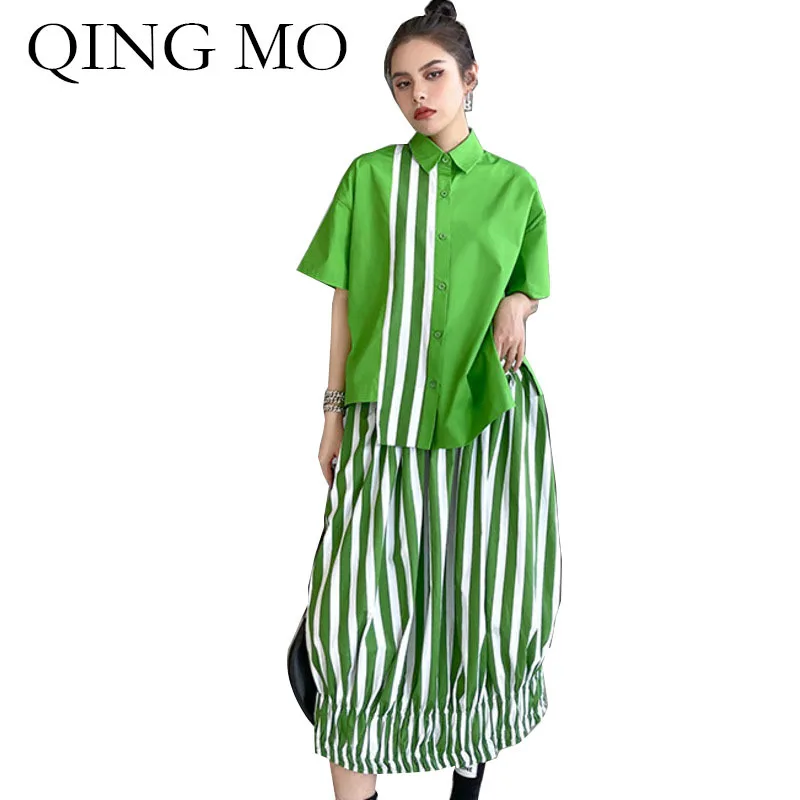 

Женский комплект в полоску QING MO, зеленая и черная блузка неправильной формы и фонарик, модель ZQY7398 на лето, 2021