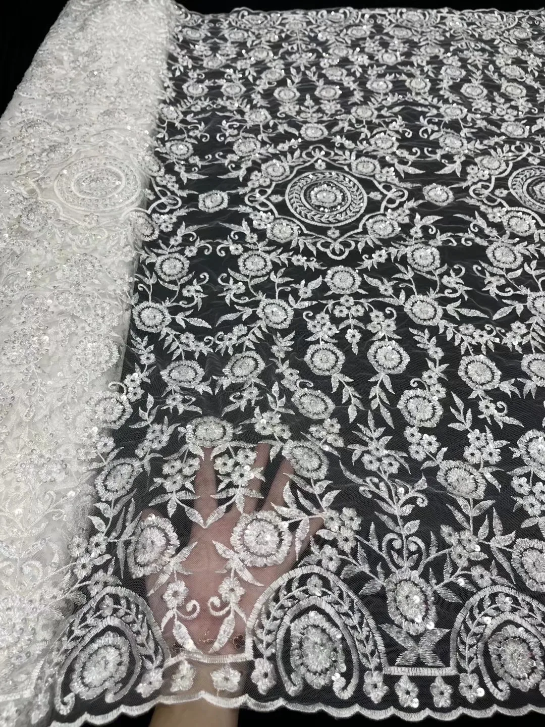 

African Lace Fabric 2021 Embroidered High Quality Bridal Nigerian Tulle Lace Fabrics With Bead Sequin For Wedding Party Dress