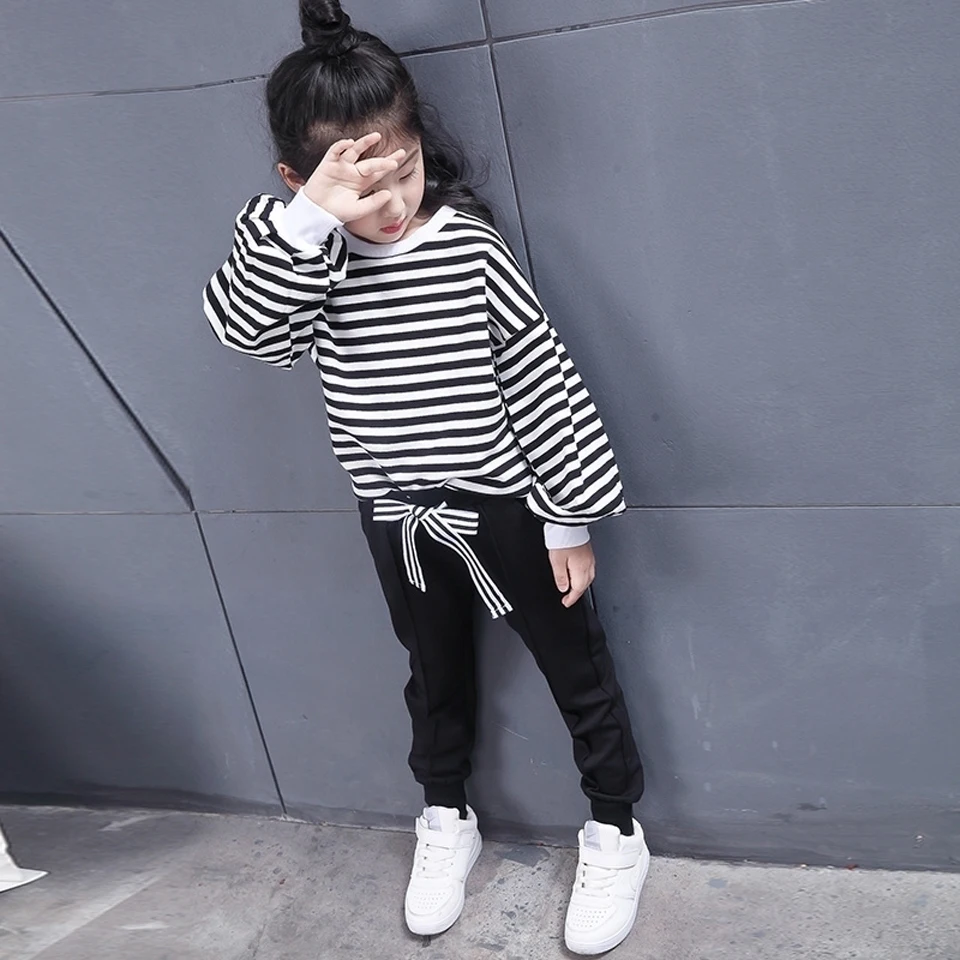 Весенне-осенняя полосатая футболка + платье для девочек комплекты одежды