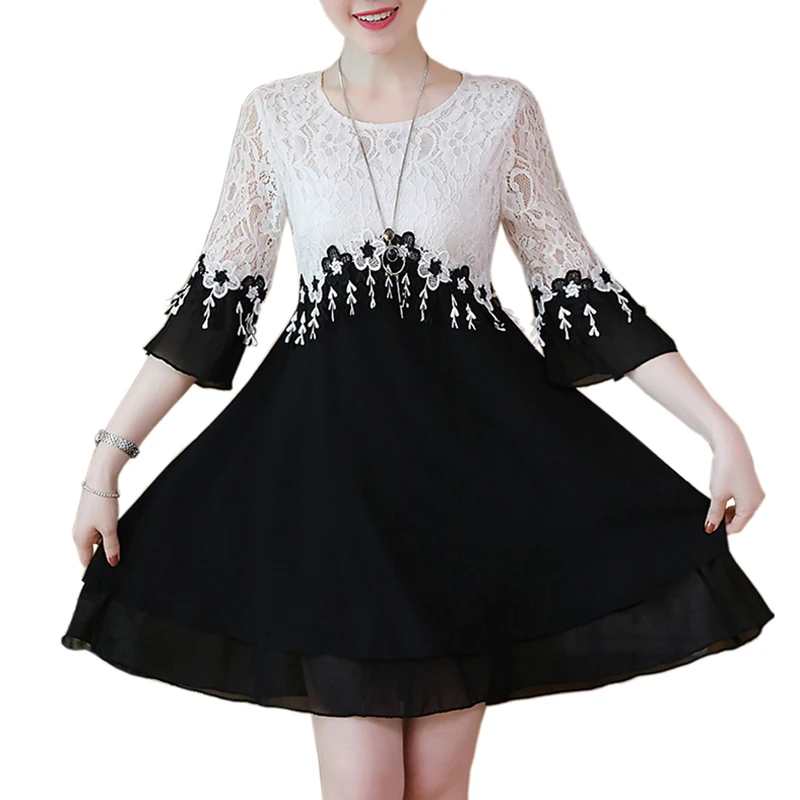 Летнее Модное шифоновое мини-платье с круглым вырезом и расклешенными рукавами