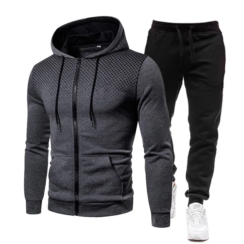 

Men's diagonal zipper hoodie and pants sports suit casual two-piece track suit sports fitness suit