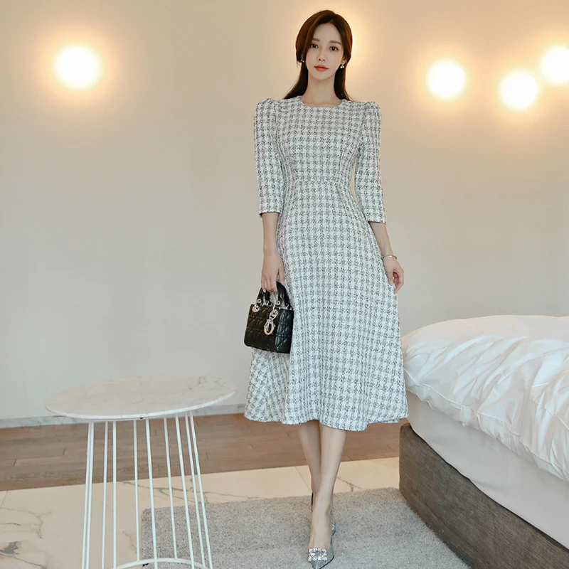 

New Arrival Autumn Plaid Tweed Dress Women's High Waist Midi Dress Elegant Fit Office Casual Dress Vestido