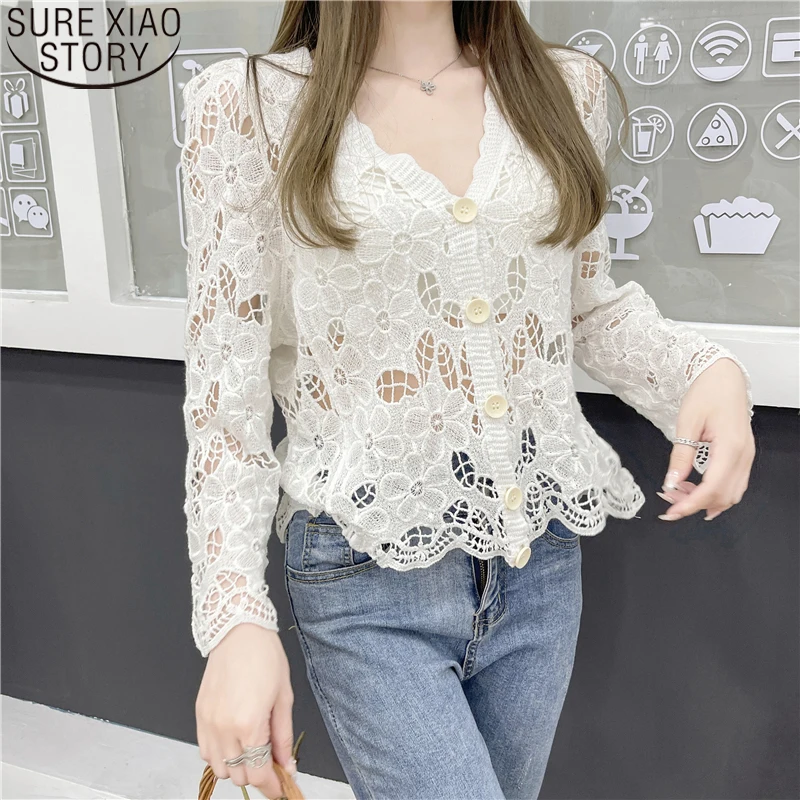 

Sexy V-neck Cardigan Lace Tops 2022 Summer New Crocheted Floral Shirts Women Hollow Out Blouse Mujer Long Sleeve Clothes 14460