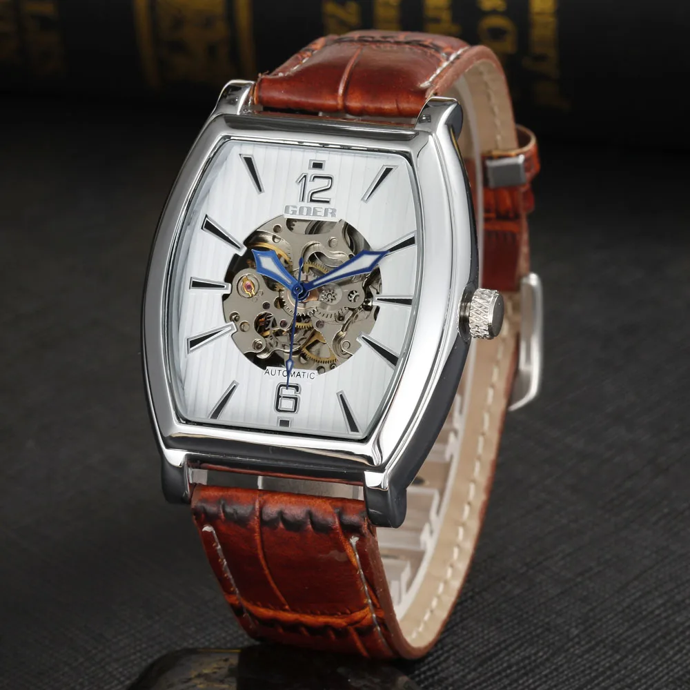 

Fashion Tonneau Watch Men Skeleton Watches Automatic Sel-Wind Mechanical Watches Leather Cheap Price Dropshipping Reloj Hombre