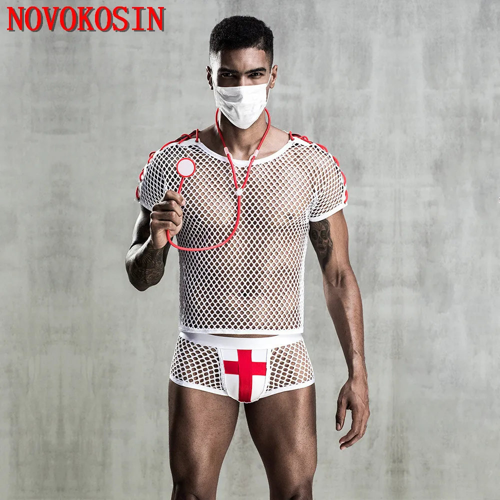 

New Men Doctor Costume Nightgown White Halloween Costume Cosplay Uniform Hot Sexy Fish Net Tulle Fancy Tight Shirt Panties Mask