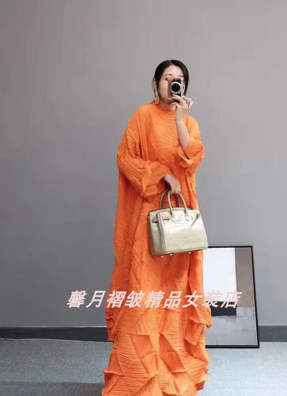Горячая Miyake модное платье со складками со стразами, однотонное Свободное длинное платье со стоячим воротником