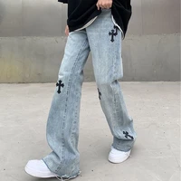 streetwear korean fashion cross applique jeans woman high waist y2k straight baggy pants versatile denim trousers 4xl size