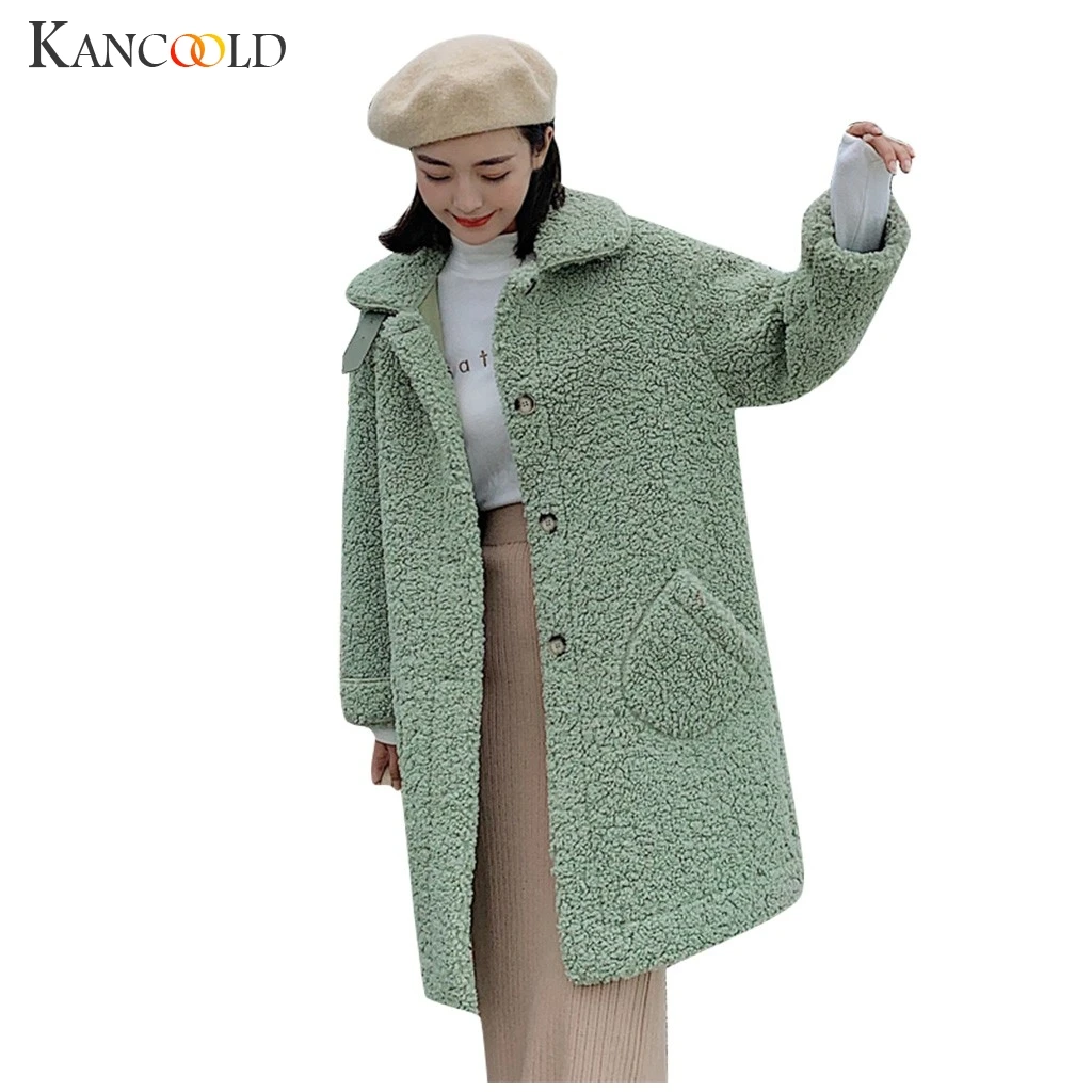 KANCOOLD зимняя женская Высококачественная модная однотонная длинная Меховая куртка на пуговицах с карманами свободное теплое плюшевое пальто с отворотом