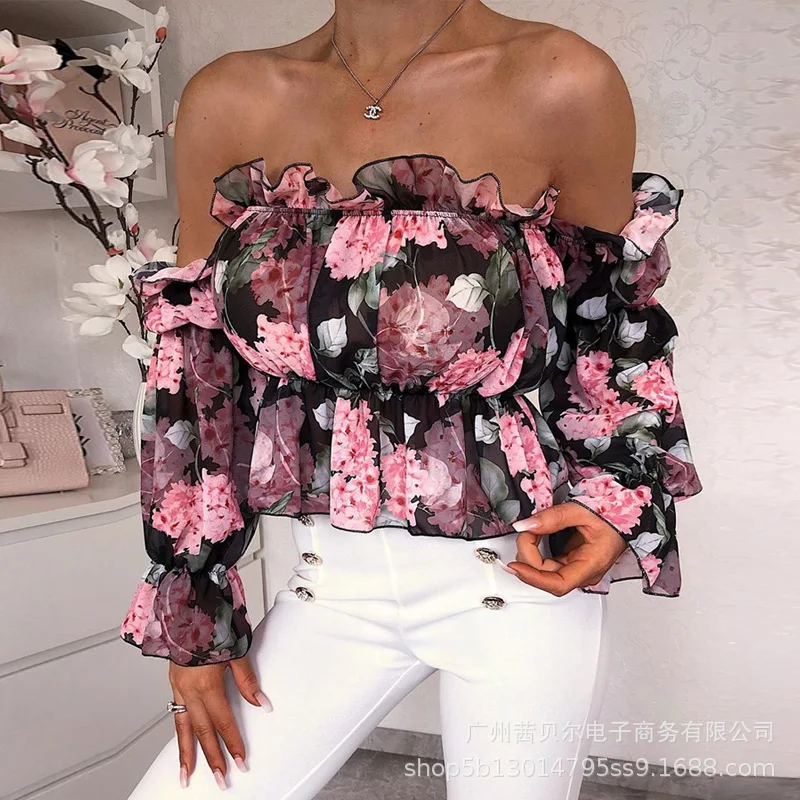

WEPBEL Women's Sexy Flower Print Slim Fit Shirts Spring Autumn Fashion Flare Sleeve Ruffles Stitching Slash Neck Short Blouses