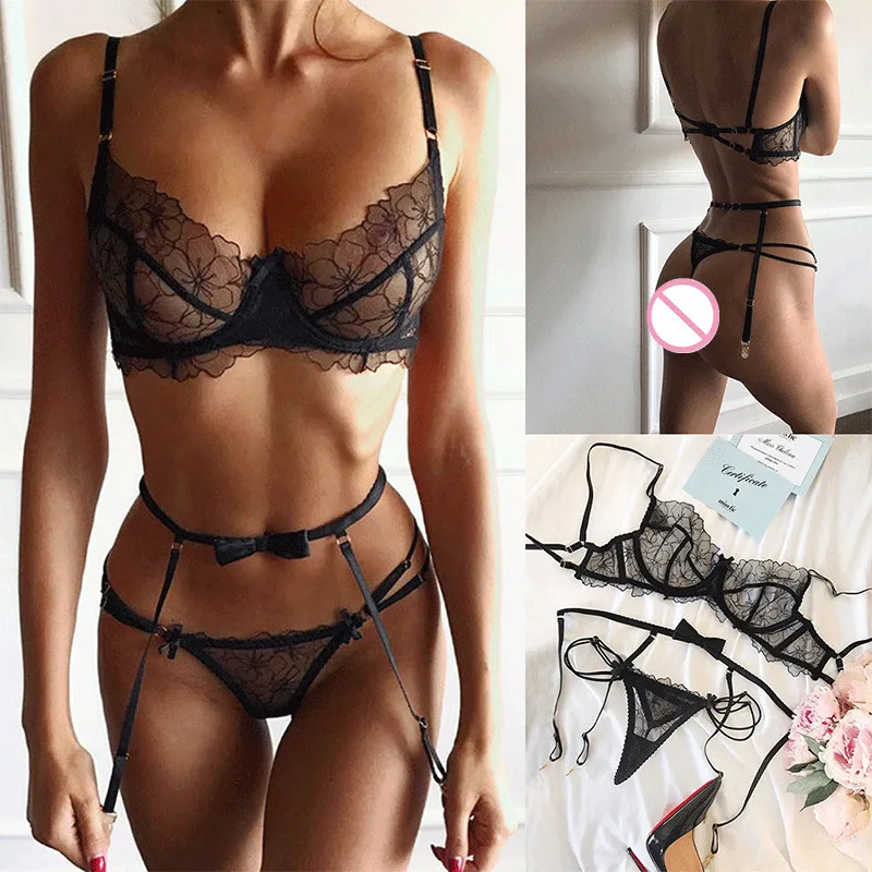 

Sexy Lingerie Lace Bra G-String Garter Set Lady Thong Sexy Underwear Set Female Fashion Top Erotic Lingerie