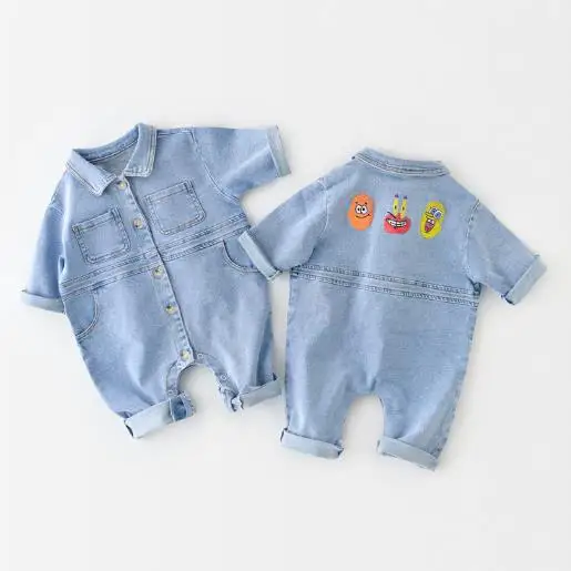 

Androgynous baby romper boys and girls jeans cartoon print onesie newborn crawling romper long sleeve