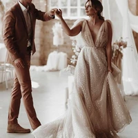 2021 fashion a line wedding dresses sheer deep v neck boho bridal gowns layers tulle beach vestido de novia