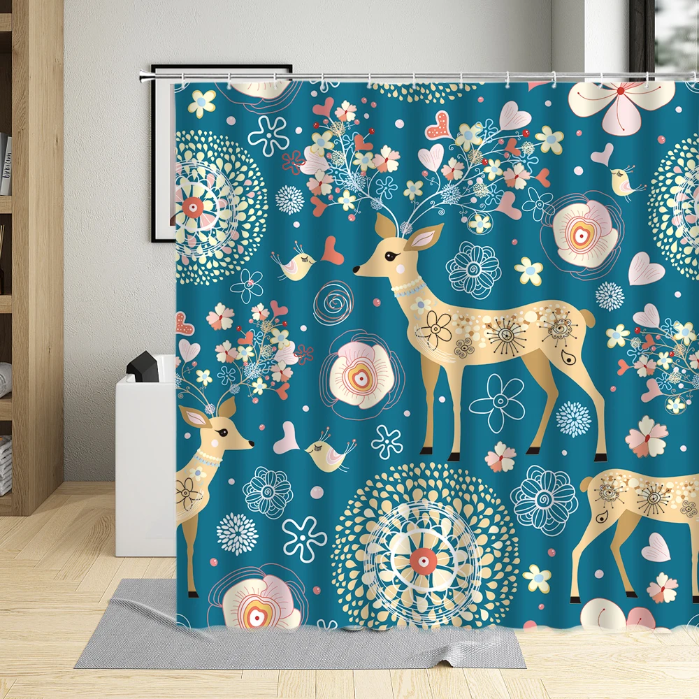 

Fantasy Deer Animal Printing Waterproof Bathroom Curtains Sika Deer Polyester Fabric Curtains Bathtub Decor With 12 Hooks