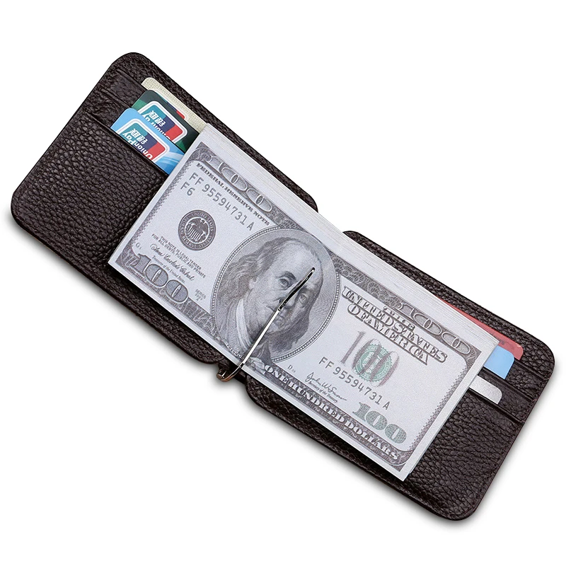 Мужской кожаный тонкий кошелек с зажимами для денег Женский однотонный