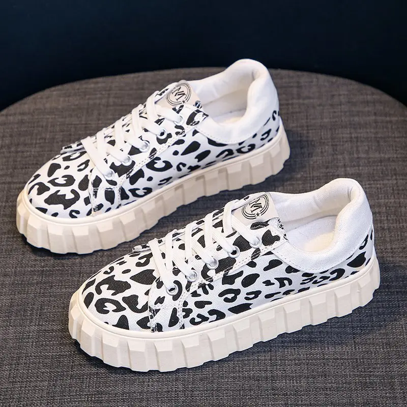 

Woman's Vulcanized Shoes Canvas Lace-Up Leopard Casual Sneakers Thick Bottom Female Skateboard Fashion Ladies Footwear