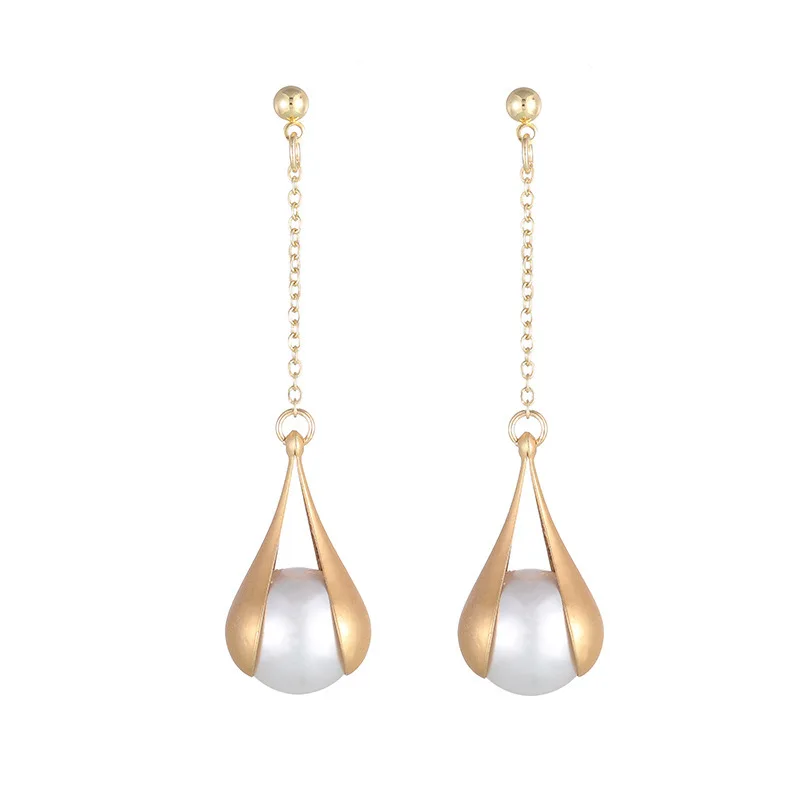 

TIMEONLY Elegant Round Pearl Long Tassel Earrings for Women Gold Color Metal Imitation Pearl Drop Dangle Earrings Accessories
