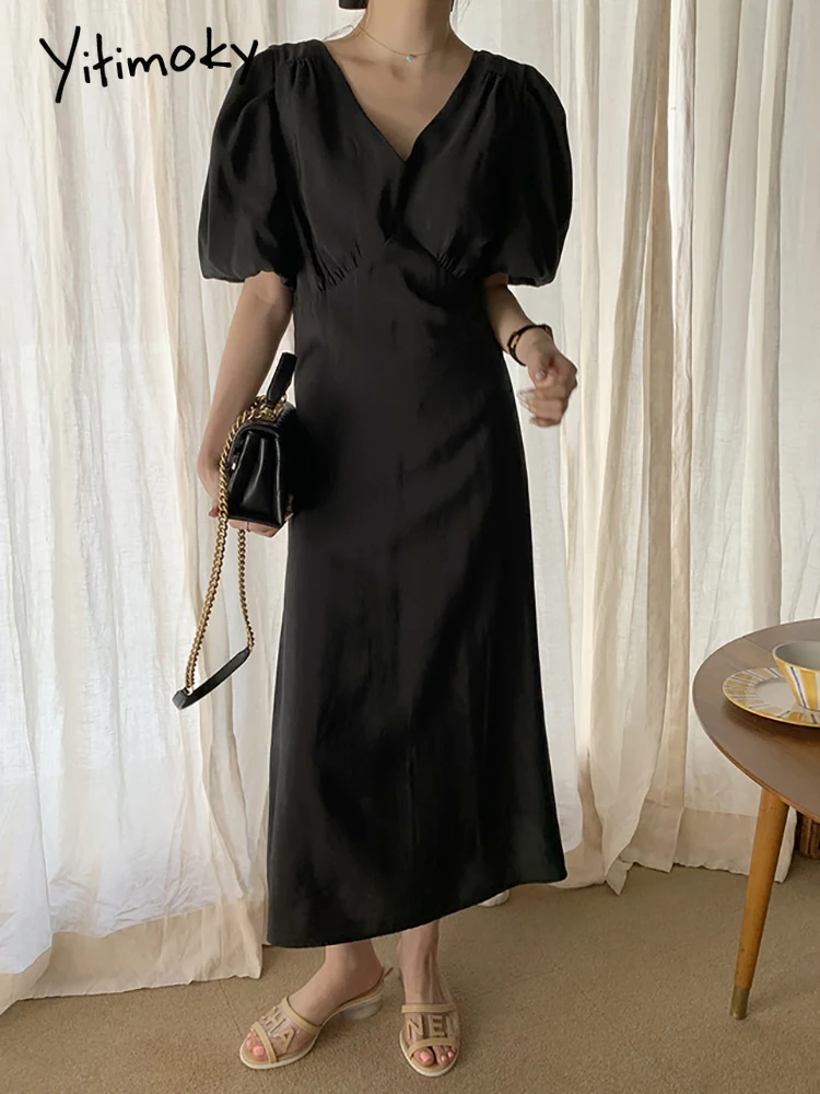 

Платье Yitimoky женское с пышными рукавами, V-образным вырезом, ТРАПЕЦИЕВИДНОЕ, на молнии, в Корейском стиле, винтажный сарафан желтого и черного...