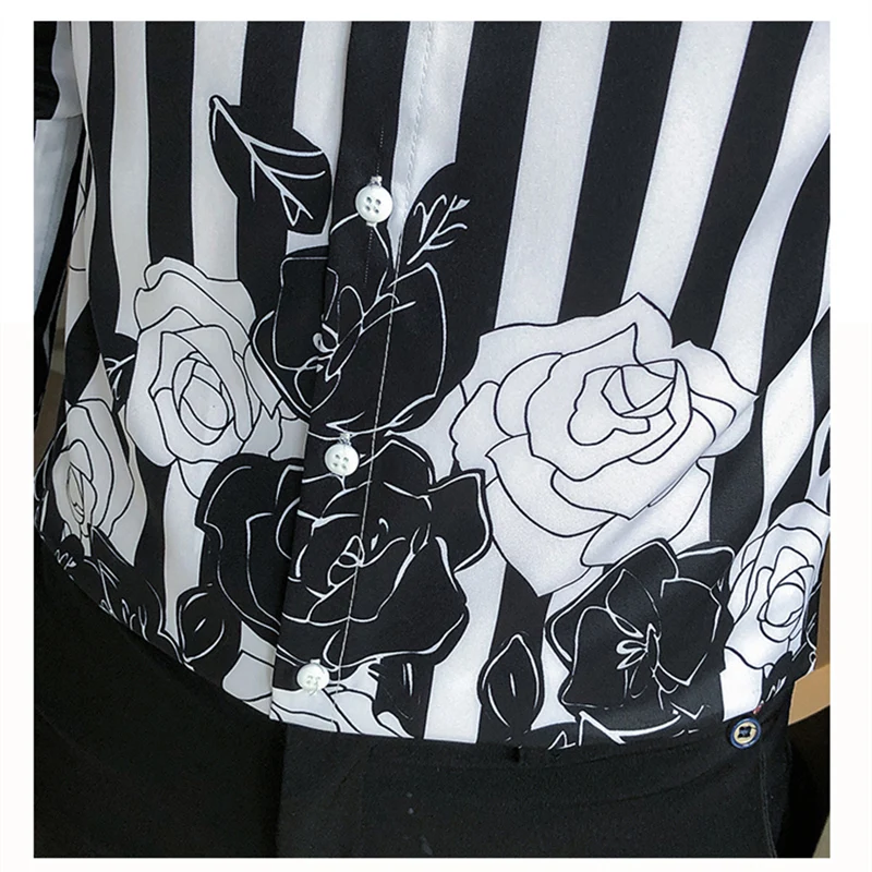 

Black And White Striped Long Sleeved Shirt For Men Slim Fit Mens Floral Print Shirts Streetwear Social Camisas Para Hombre V753