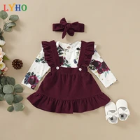 lyho baby girls clothing sets long sleeve spring 2021 top suspender skirt suit rose print dresses kids outfits toddler clothes