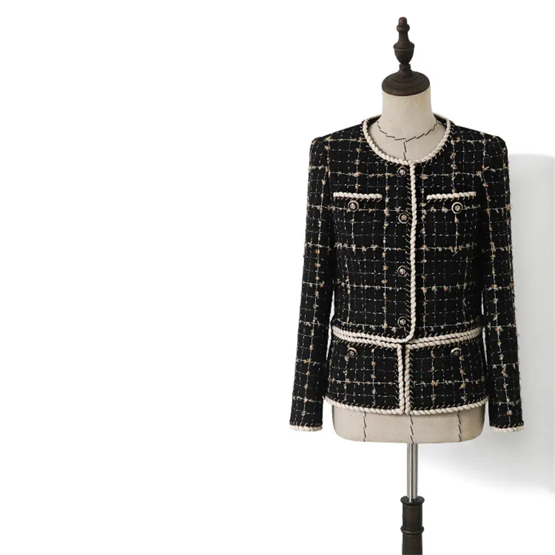 

Handmade Luxury Wool Jacket for Women Vintage O Neck Single Breasted Tweed Black Woolen Suit Coat