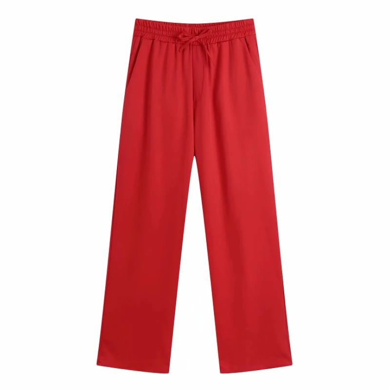 Брюки женские прямые с поясом на резинке, повседневные офисные свободные деловые штаны, P2192, красный цвет