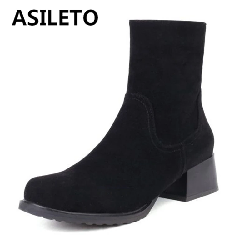 

Женские ботильоны ASILETO с круглым носком на массивном каблуке из флока на молнии большого размера 34-43 однотонные черные Синие Серые коричнев...