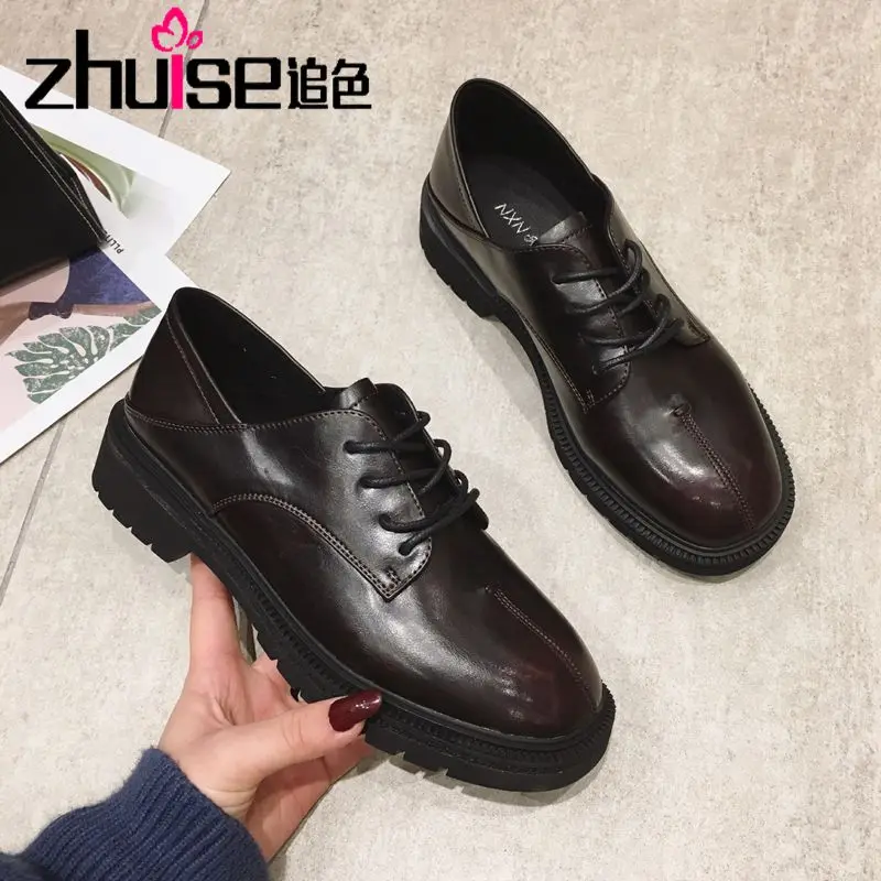 

Маленькие кожаные туфли в британском стиле, новинка весны 2021, универсальные черные туфли на толстом каблуке со шнуровкой для колледжа, мале...