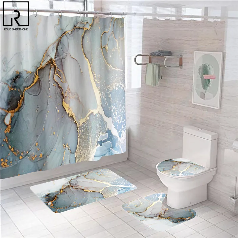 green gold bathroom curtain marble bath screen shower curtains decoration waterproof partition anti slip mat set toilet cover free global shipping