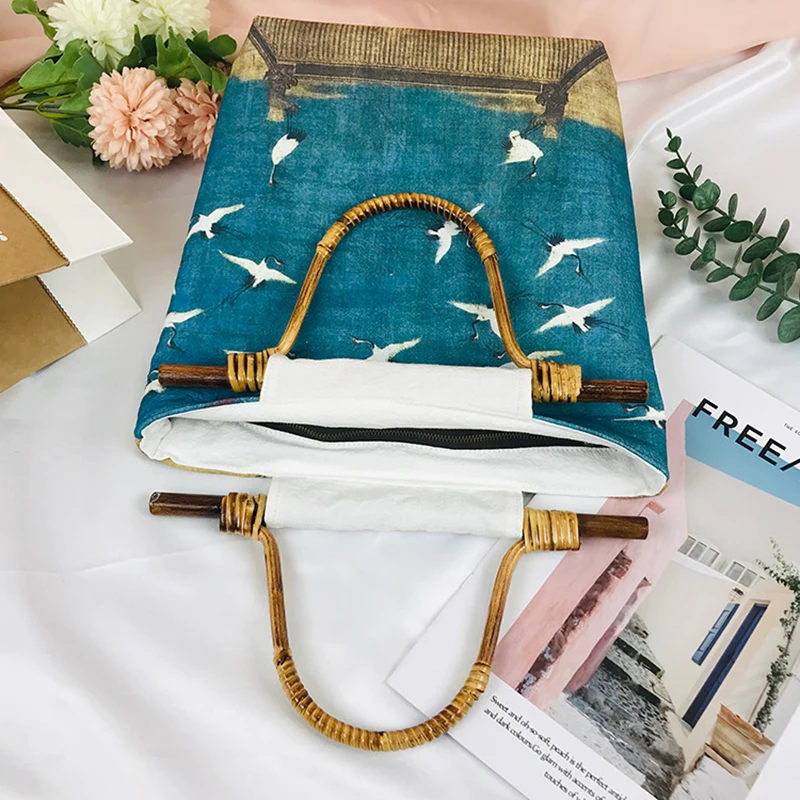 Льняная женская сумка с рисунком Журавля Бамбуковая через плечо для студентов