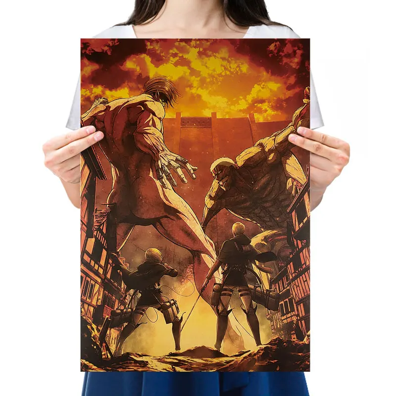 

Giant Eren Jaeger Anime Attacking On Titan Character Printed Poster Kraft Paper Retro Glueless Decorative Painting Wall Stickers