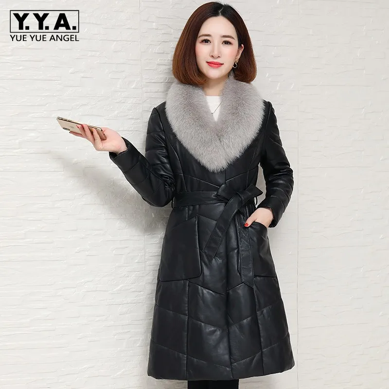 

Elegant Genuine Leather Down Jacket Women Winter Thick 100% Sheepskin Fox Fur Collar Overcoat Streetwear Runway Sashes Long Coat