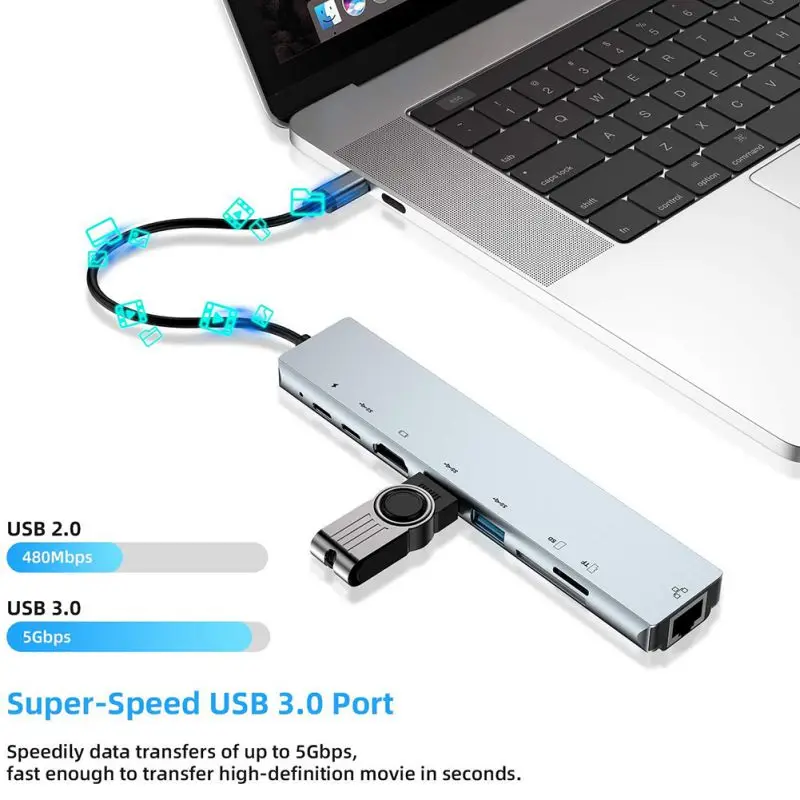 Новый 8 в 1 USB C к 1xhdmi 2xUSB2. 0 1xPD зарядный порт 1xusb S-D/TF слот для чтения карт и RJ45