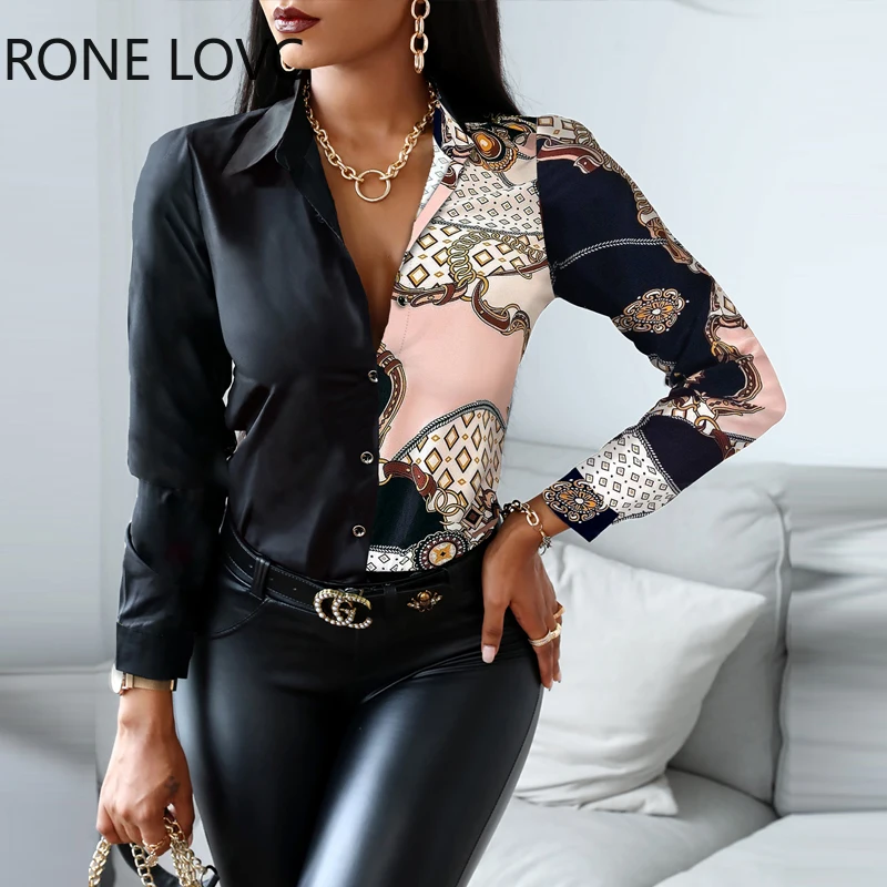

Women Button Design Scarf Chain Print Button Design Shirt Women Tops