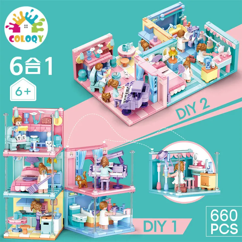 

New 6 IN 1 blocks compatible friends house bedroom Piano Roommodel building Kids educational toys creator city girls' blocks