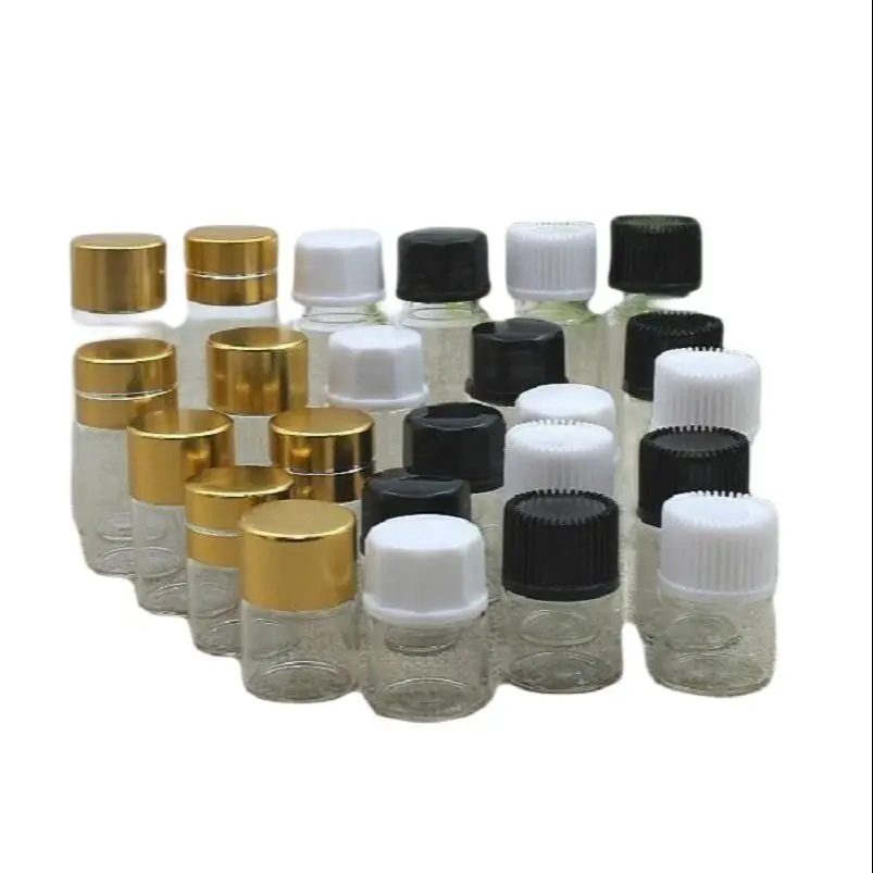 

1ML clear glass bottle with plastic black/white lid silver/gold aluminum lid plastic stopper for sample test essential oil