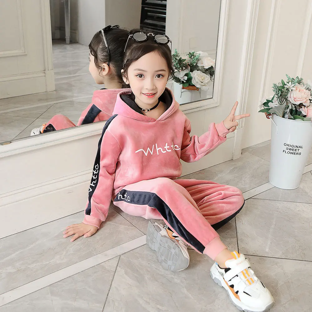 YL3033-pic pink Осенне-зимняя одежда для мальчиков и девочек повседневные комплекты из 2 предметов Бархатный спортивный костюм золотистого цвета для девочек, спортивные костюмы Детская одежда Детский комплект - Цвет: YL3033-pic pink